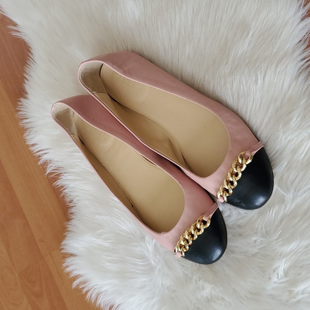 J Crew women's Pink black chain link leather Balket slip on Flats shoes 8.5M